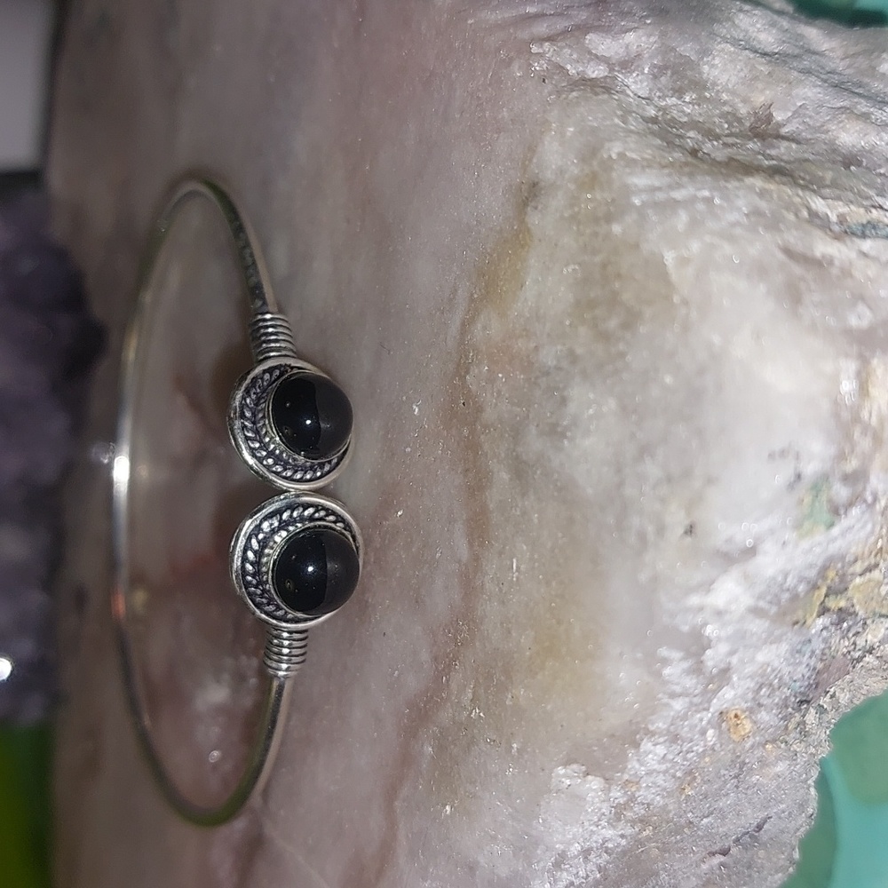 Double Stone Black Onyx Adjustable Bangle Bracelet - Picture 1 of 4